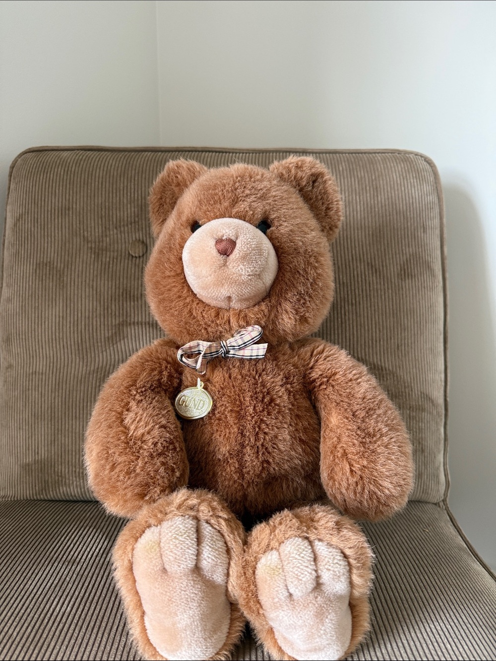 Gund Brown Plush Teddy Bear with Plaid Bow and Gold Tag